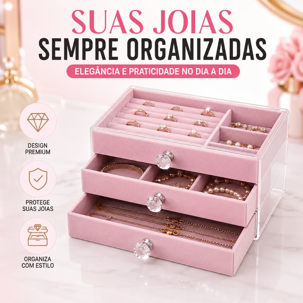 Organizador de Joias Acrílico Transparente 3 Gavetas Porta Joias Luxo Veludo Expositor Anéis Colares