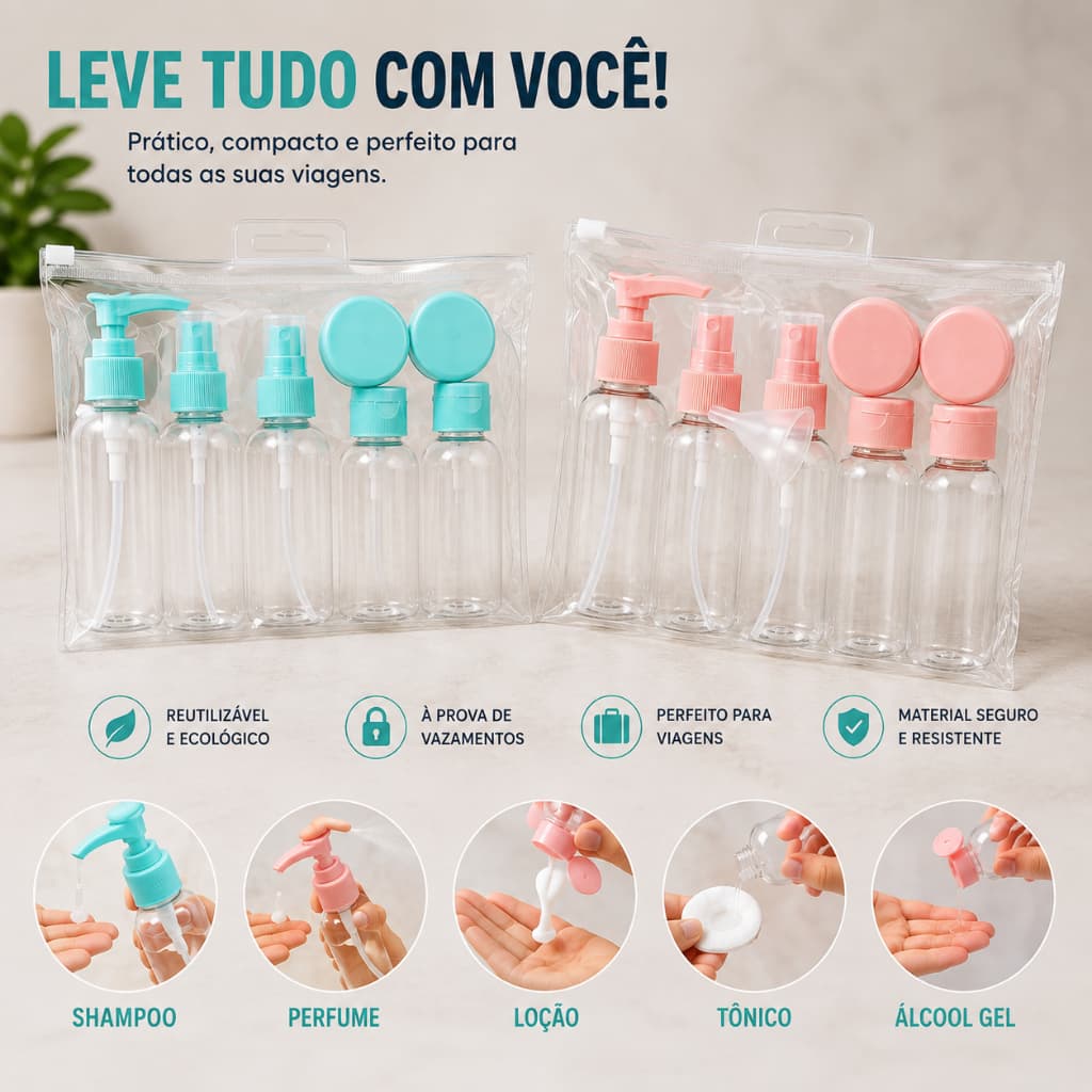 Kit com 8 Frascos De viagem Multiuso Para Shampoo/Creme/Sabonete liquido Várias Cores