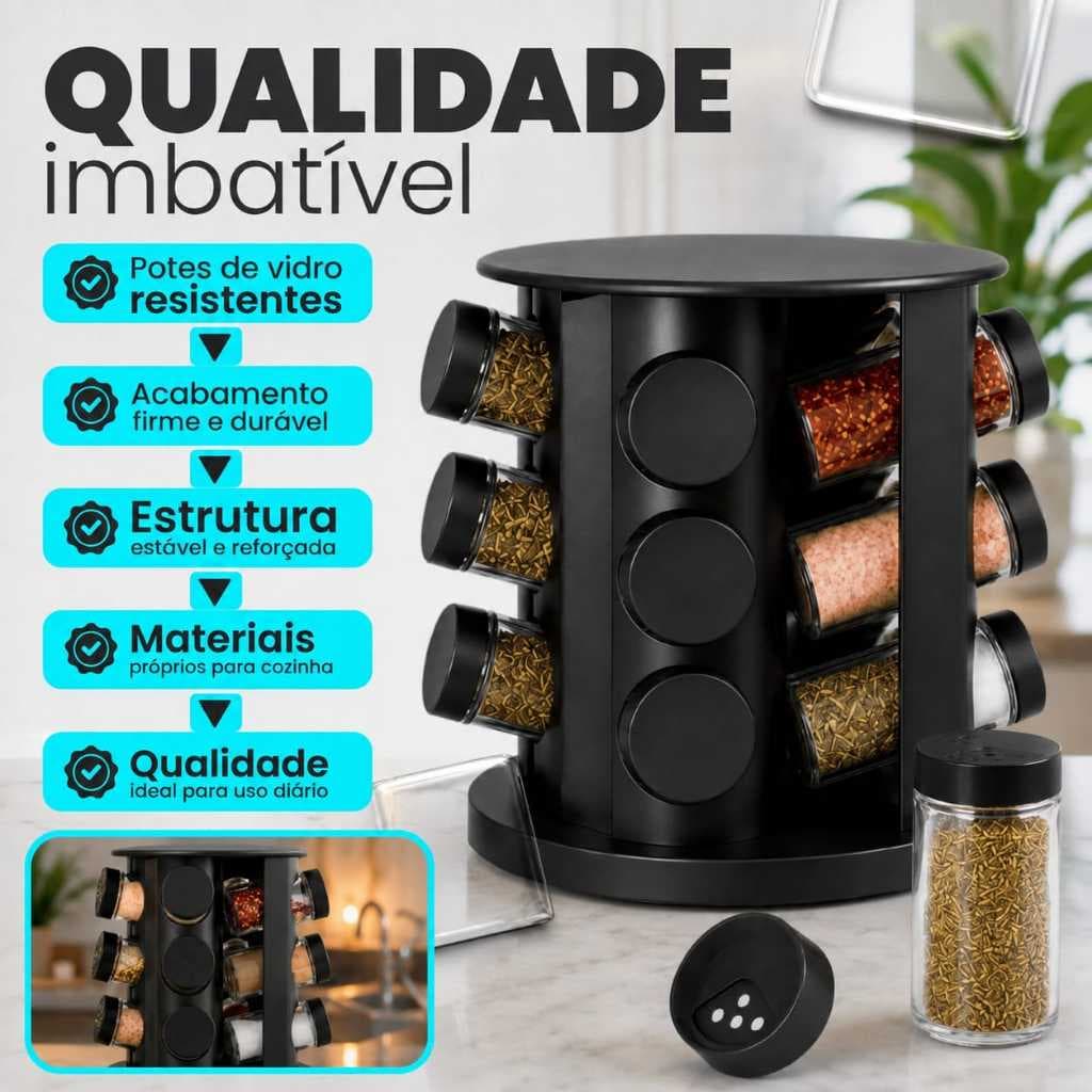 Porta Temperos Giratório Profissional 9 Potes de Vidro com Tampa Dosadora Condimentos Kit Organizador Suporte Cozinha