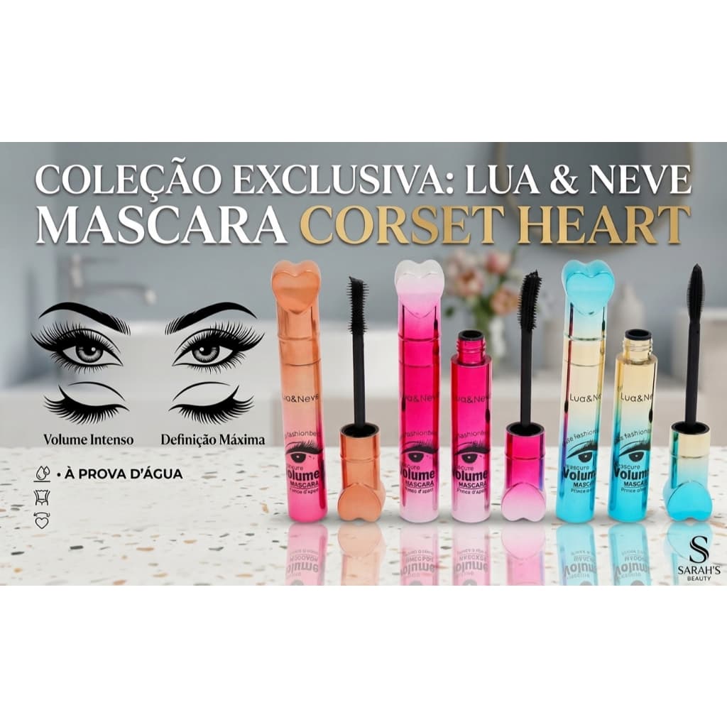 💖 Máscara de Cílios Embalagem de Coração Cromada – Cílios de Boneca! Lua e Neve