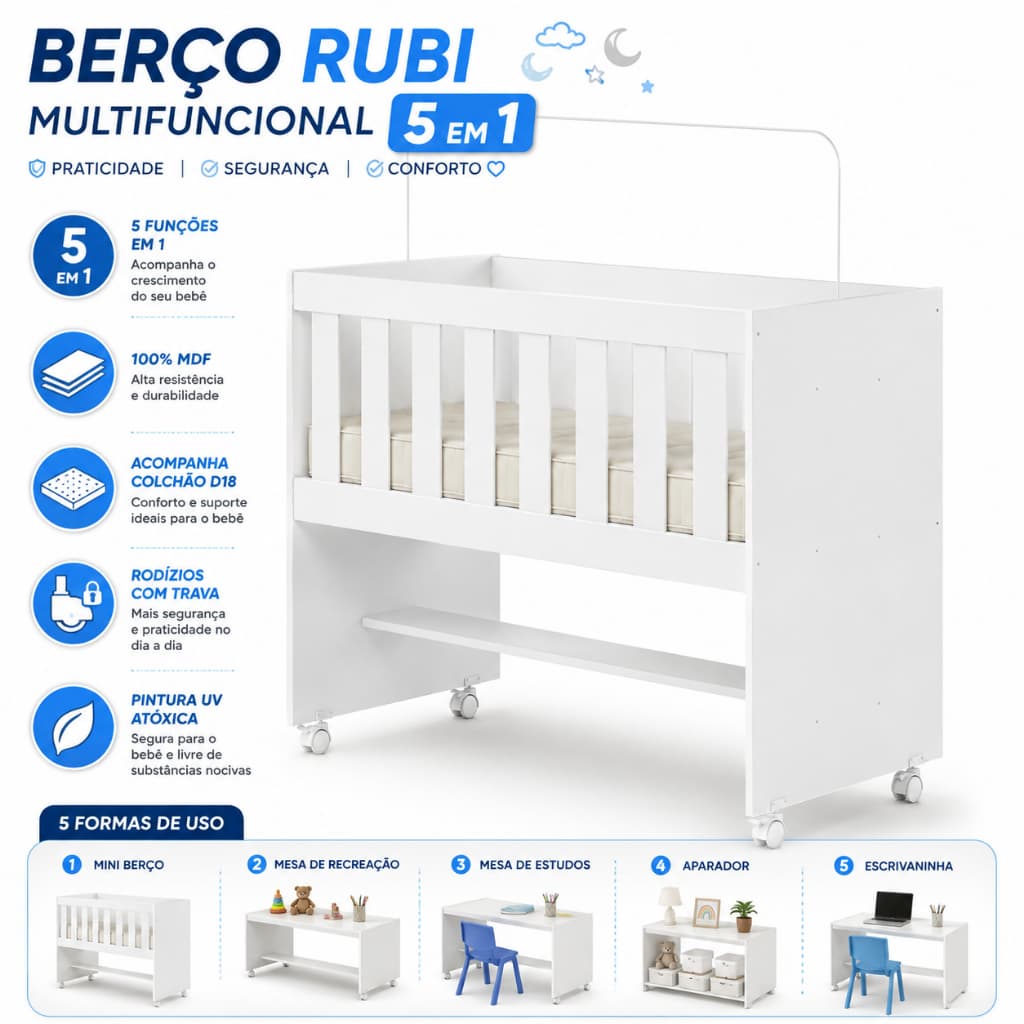 Berço Multifuncional 5 em 1 Rubi Confortse MDF com Colchão D18 Branco e Amadeirado