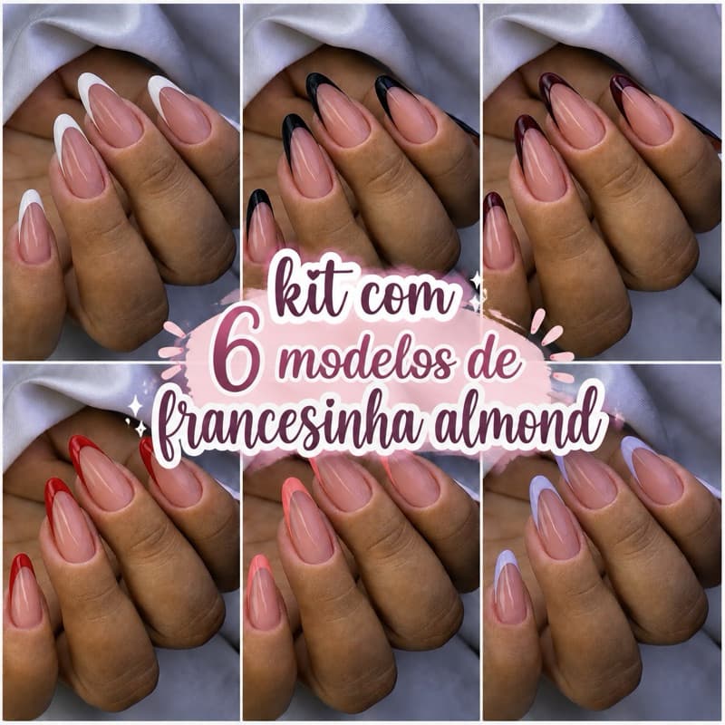 Kit com 6 Modelos de postiça soft Francesinha Almond Branco, Preto, Bordô, Vermelho, Rosa e azul