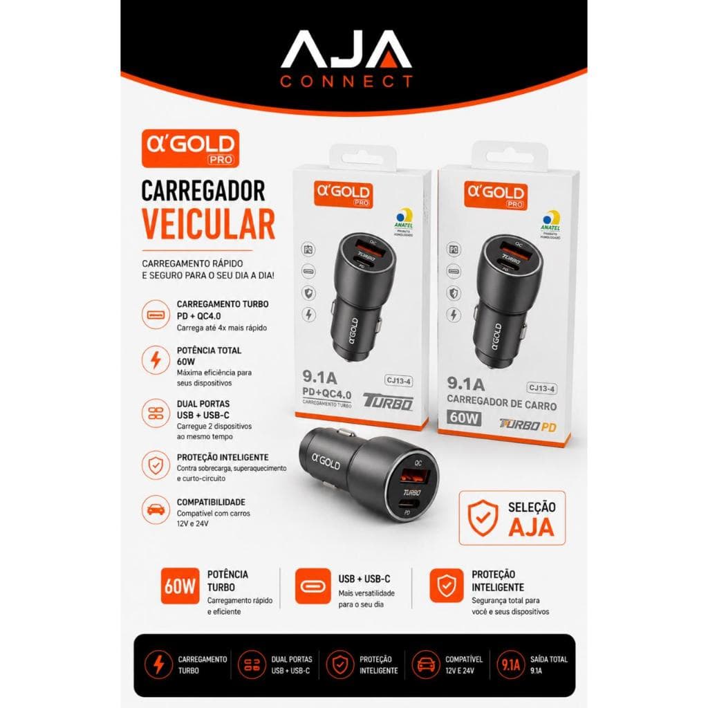 CARREGADOR VEICULAR α’GOLD PRO CJ13-4 – USB + USB-C – CARGA RÁPIDA