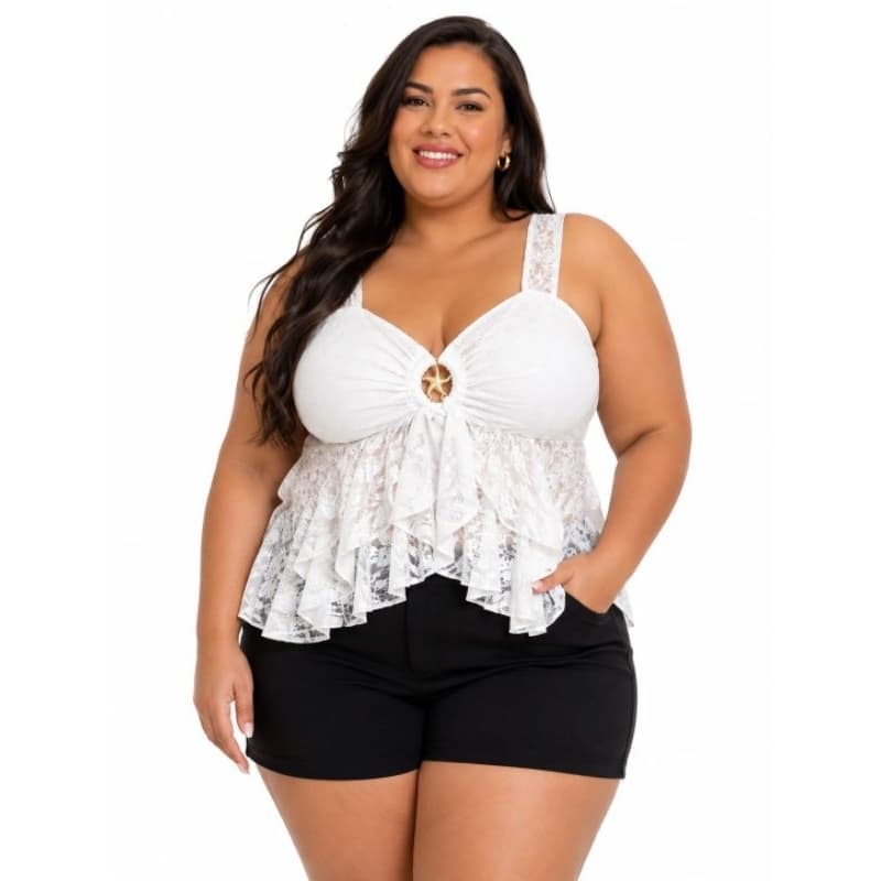 blusa femenina en renda plus size elegante con babado