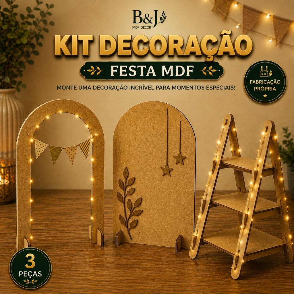 Kit Decoração Festa MDF 3 Peças Painel Romano Meia Lua Escada Estante Mini Cenário Aniversário Chá de Bebê Casamento