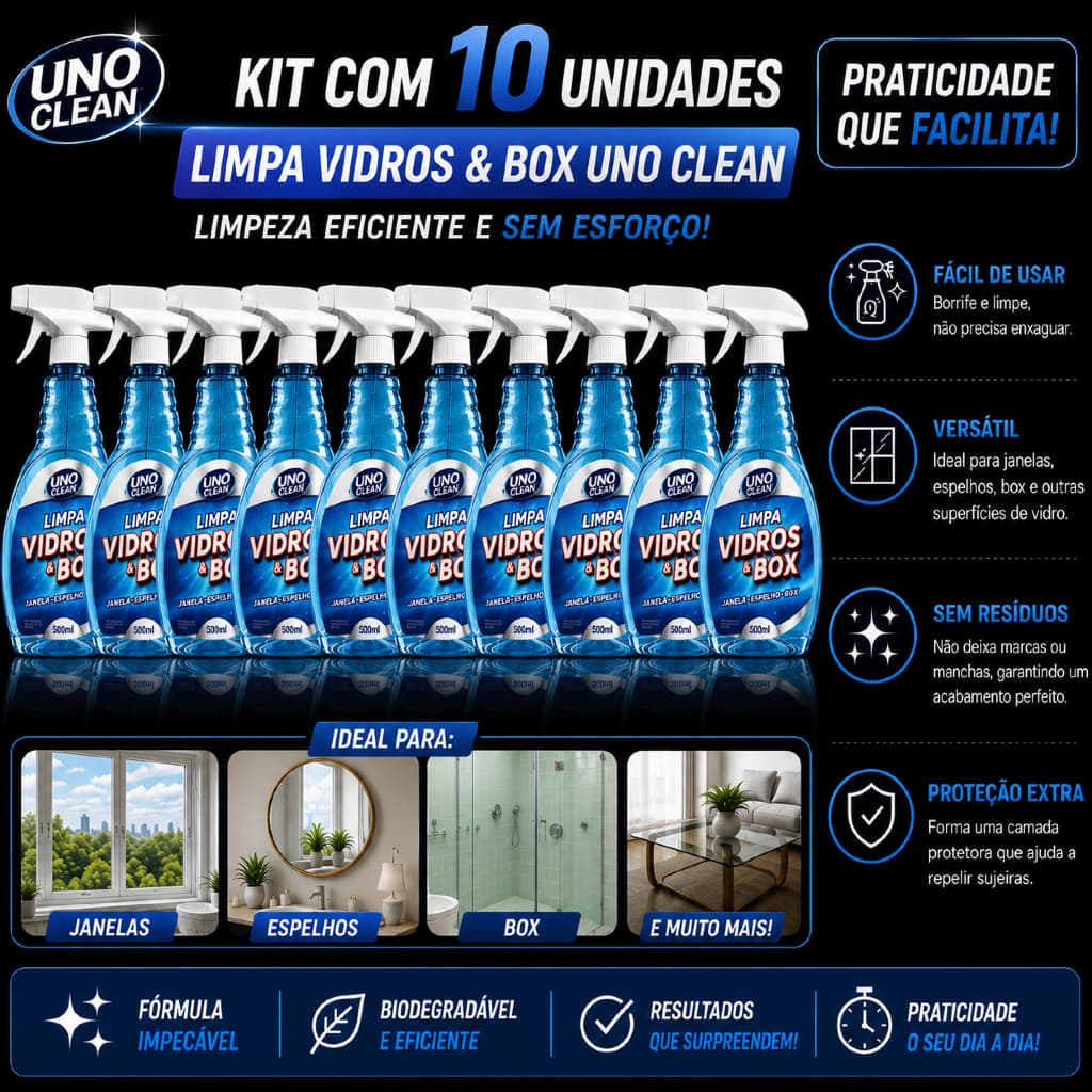 Kit 10 Limpa Vidros e Box Profissional ProVita Spray 500ml - Brilho Sem Manchas Ação Desengordurante