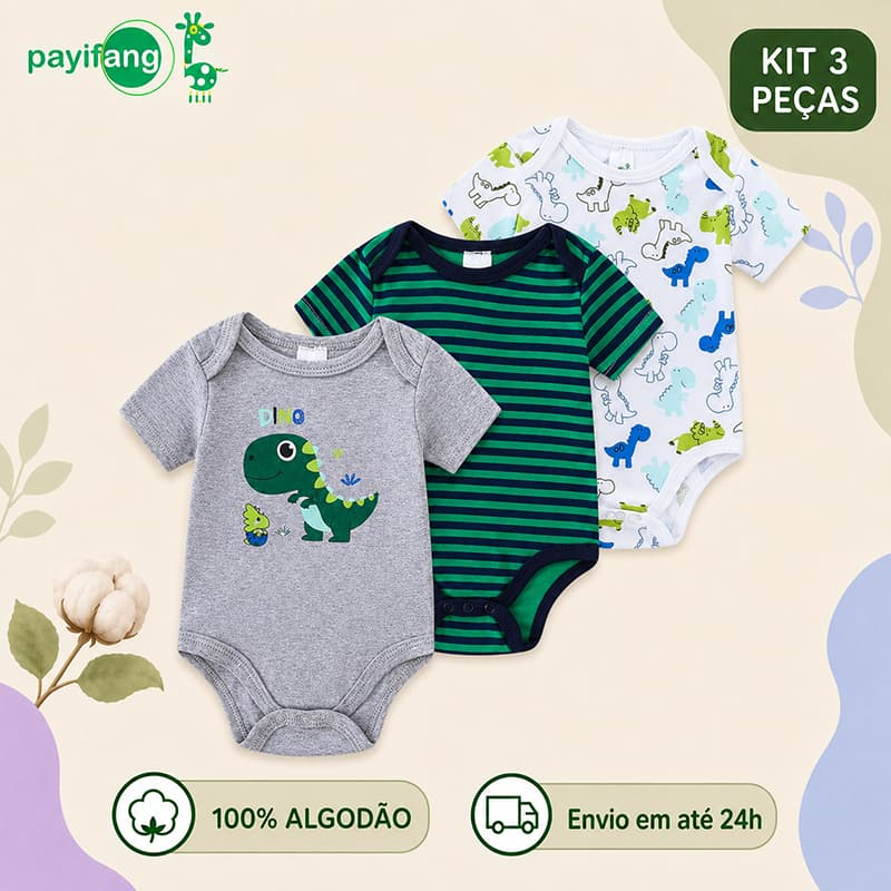 Payifang Kit 3 Bodies Bebê Menino 100% Algodão Manga Curta Dinossauro Verde 3M 6M 9M 12M