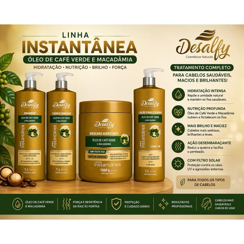 KIT LINHA CAFÉ - SHAMPOO + CONDICIONADOR CAFÉ 1000ML + MÁSCARA PARA HIDRTAÇÃO 1000GR + LOÇÃO FINALIZADORA 1000ML DESALFY