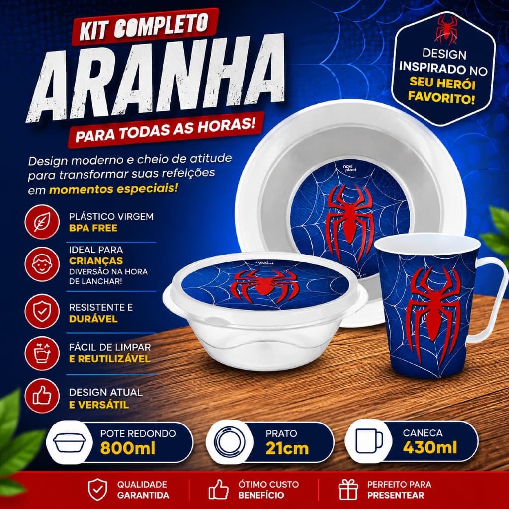 Kit Infantil Prato Pote e Caneca 430 ML Lanche Refeição Menino Aranha Heróis Dinossauro Astronauta