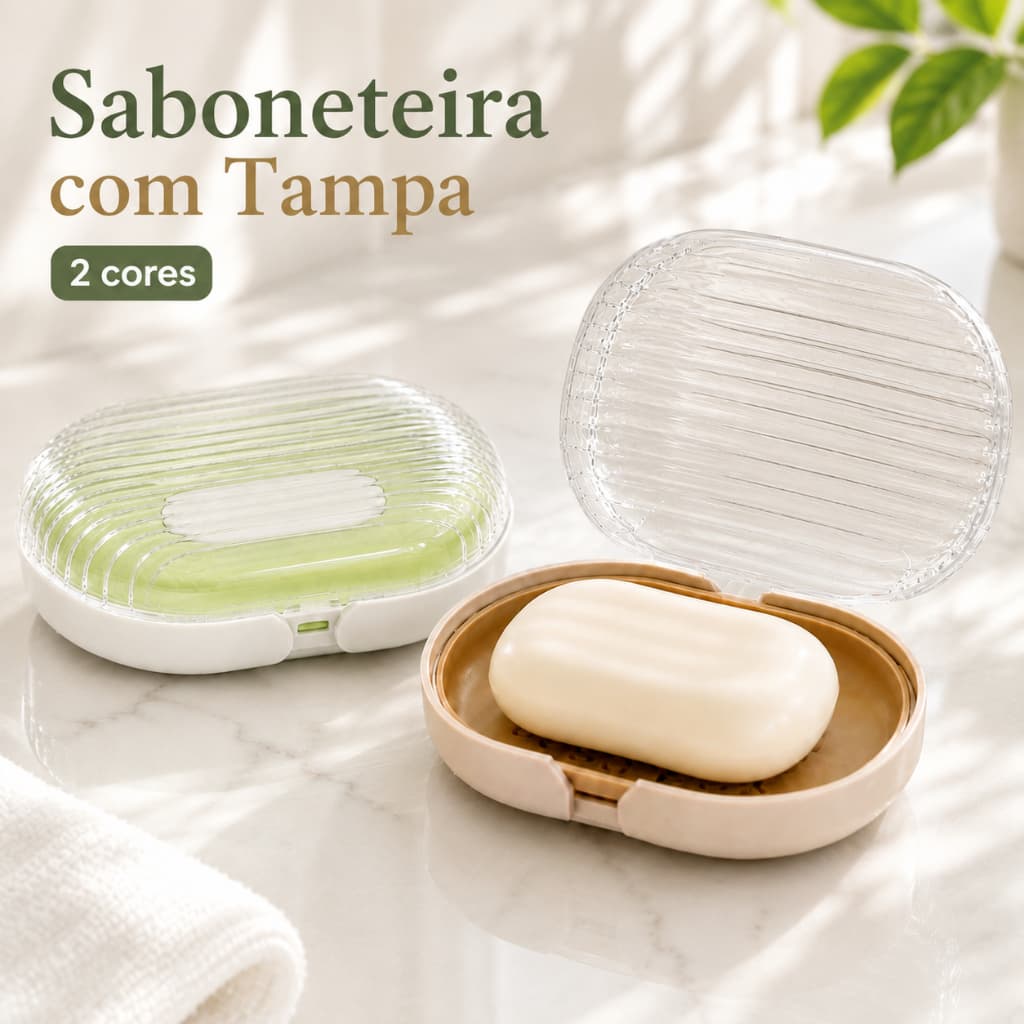 Saboneteira com Tampa Protetora e Grade de Drenagem Porta-Sabonete para Banheiro