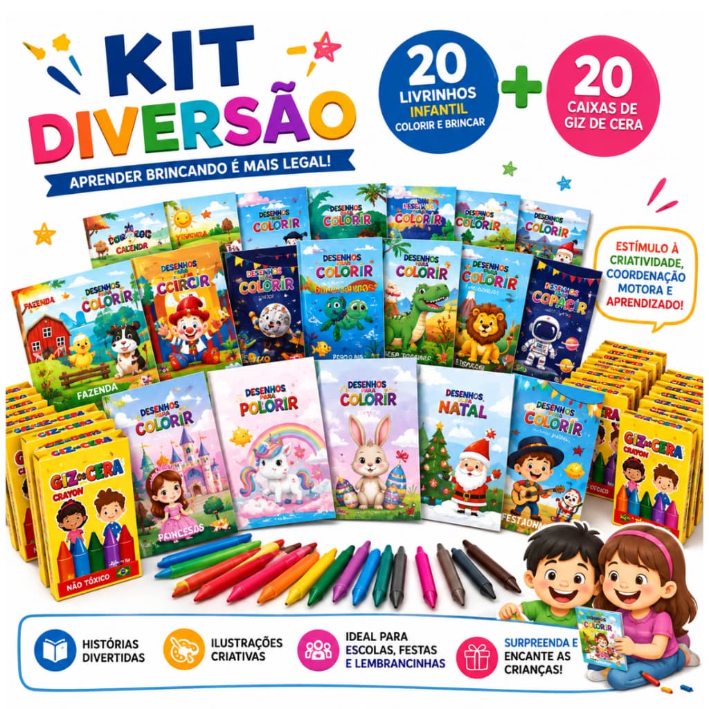 20 Livrinhos Infantil Colorir e Brincar + 20 Giz de Cera Kit Lembrancinha Festa Escola