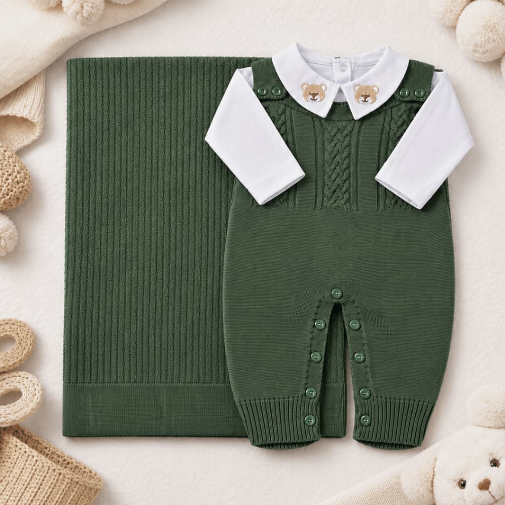 Saída Maternidade Madri Bebê Jardineira + Manta Tricô 3 Peças | Body Gola Bordada | Menino