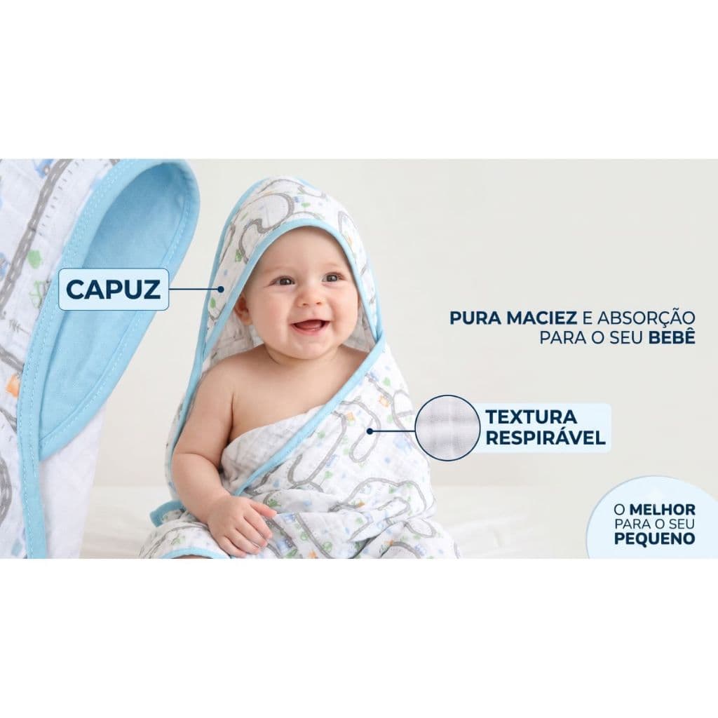 Toalha De Banho Soft Com Capuz 80cm Modelo Pista de Carros Bebê Papi - Masculino