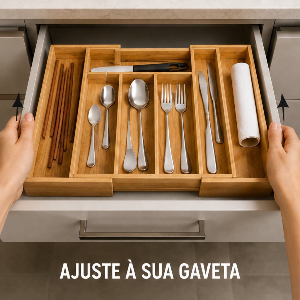 Porta talheres extensível, organizador separador 7 compartimentos ajustável madeira bambu