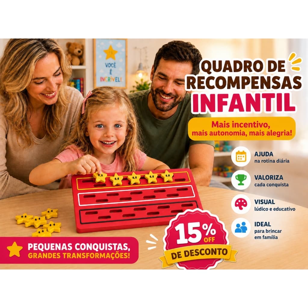 Quadro de Recompensas Infantil com 30 Estrelas para Rotina e Bons Hábitos