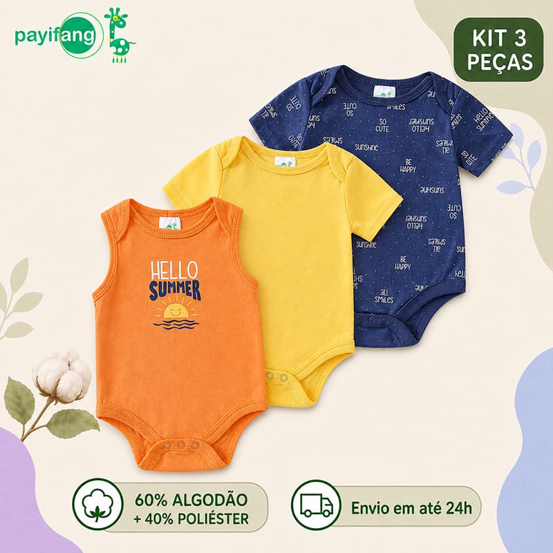 Payifang Kit 3 Bodies Bebê Menino Verão Manga Curta e Regata 60% Algodão 3M 6M 9M