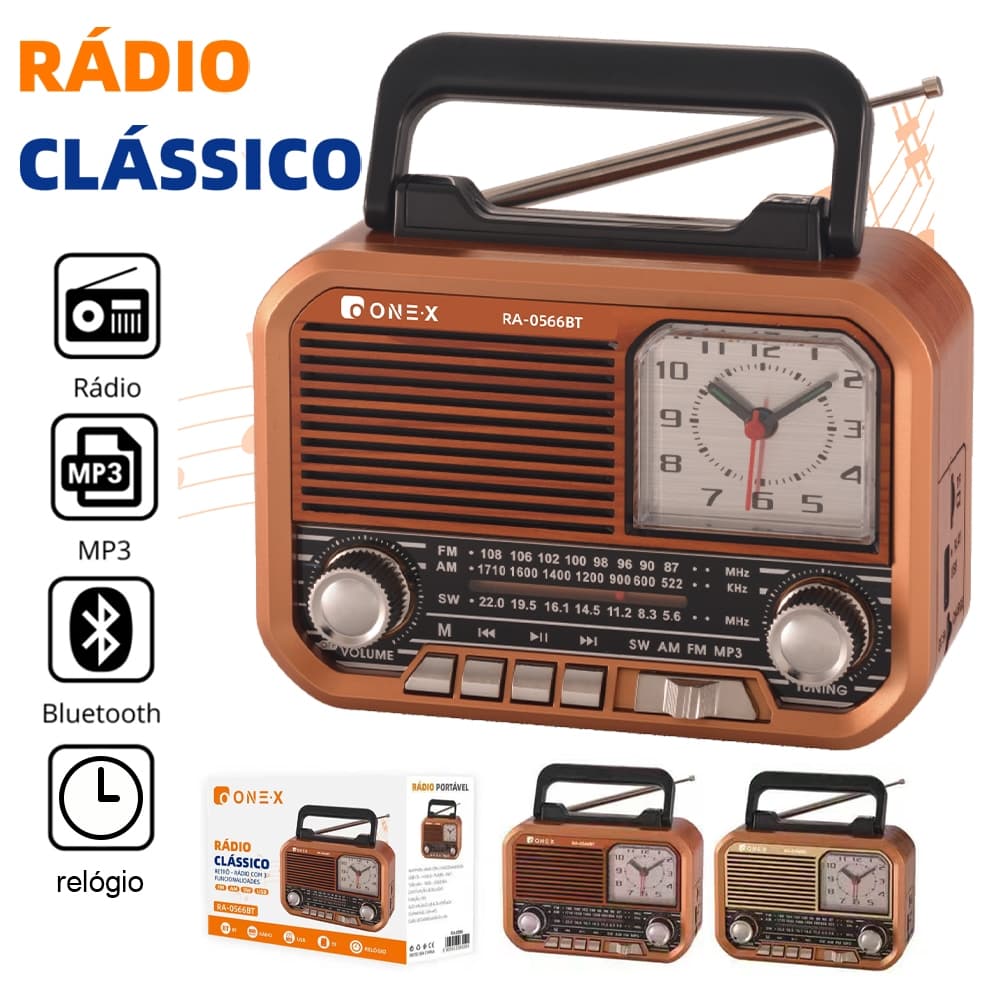 ONE-X Rádio Retrô Portátil Bluetooth FM/AM/SW USB TF TWS Relógio Som para Casa