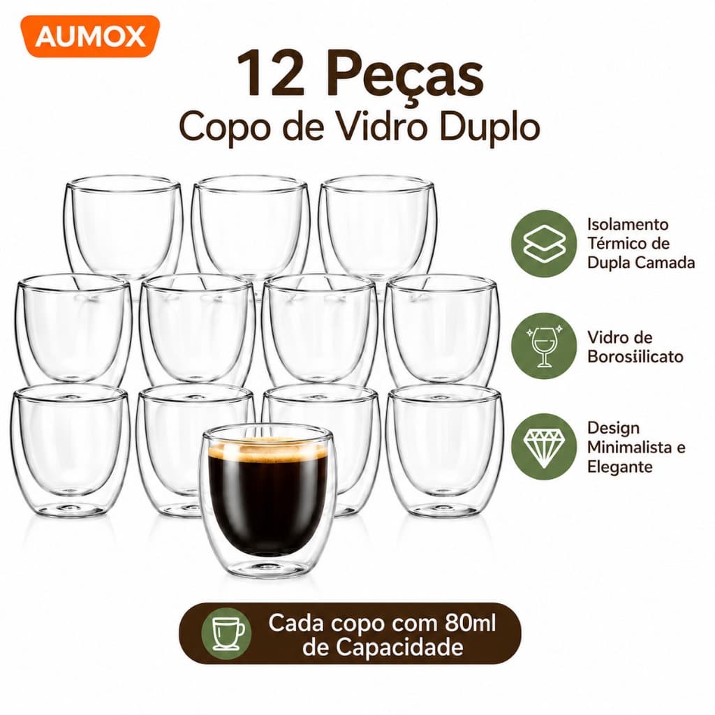 Jogo 12 Xícaras Café Expresso Parede Dupla 80ml - Copos de Vidro Borossilicato Térmico