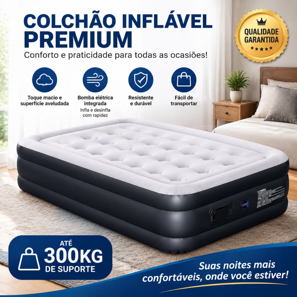 Colchão Inflável Casal Premium com Bomba Elétrica Integrada Cama de Ar Portátil para Casa Camping e Viagem