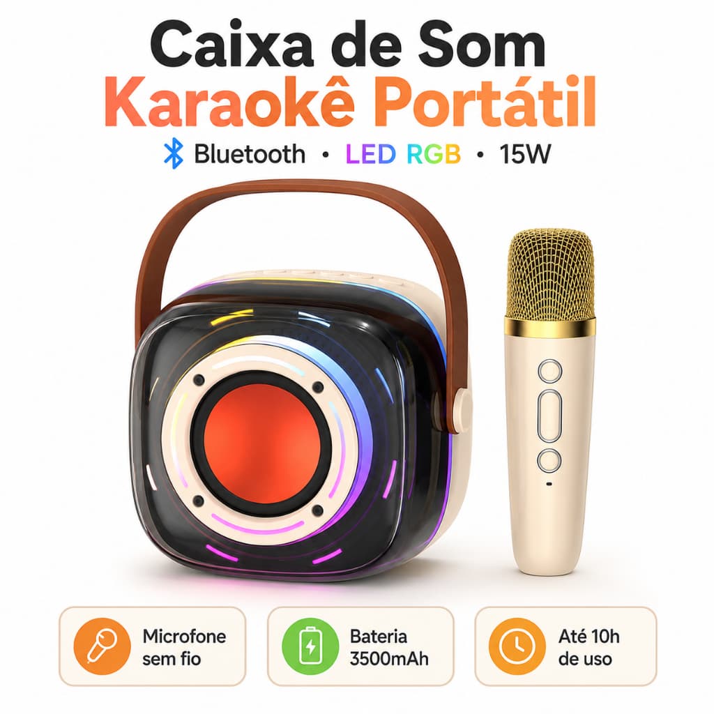 Caixa de Som Karaokê Bluetooth Portátil 15W com Microfone Sem Fio LED RGB Bateria 3500mAh