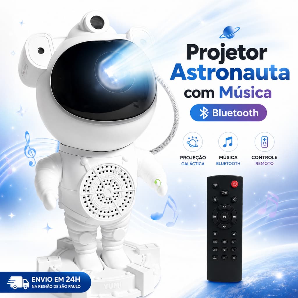Luminária Astronauta Projetor de Estrelas e Nebulosa com Música Bluetooth e Controle Remoto