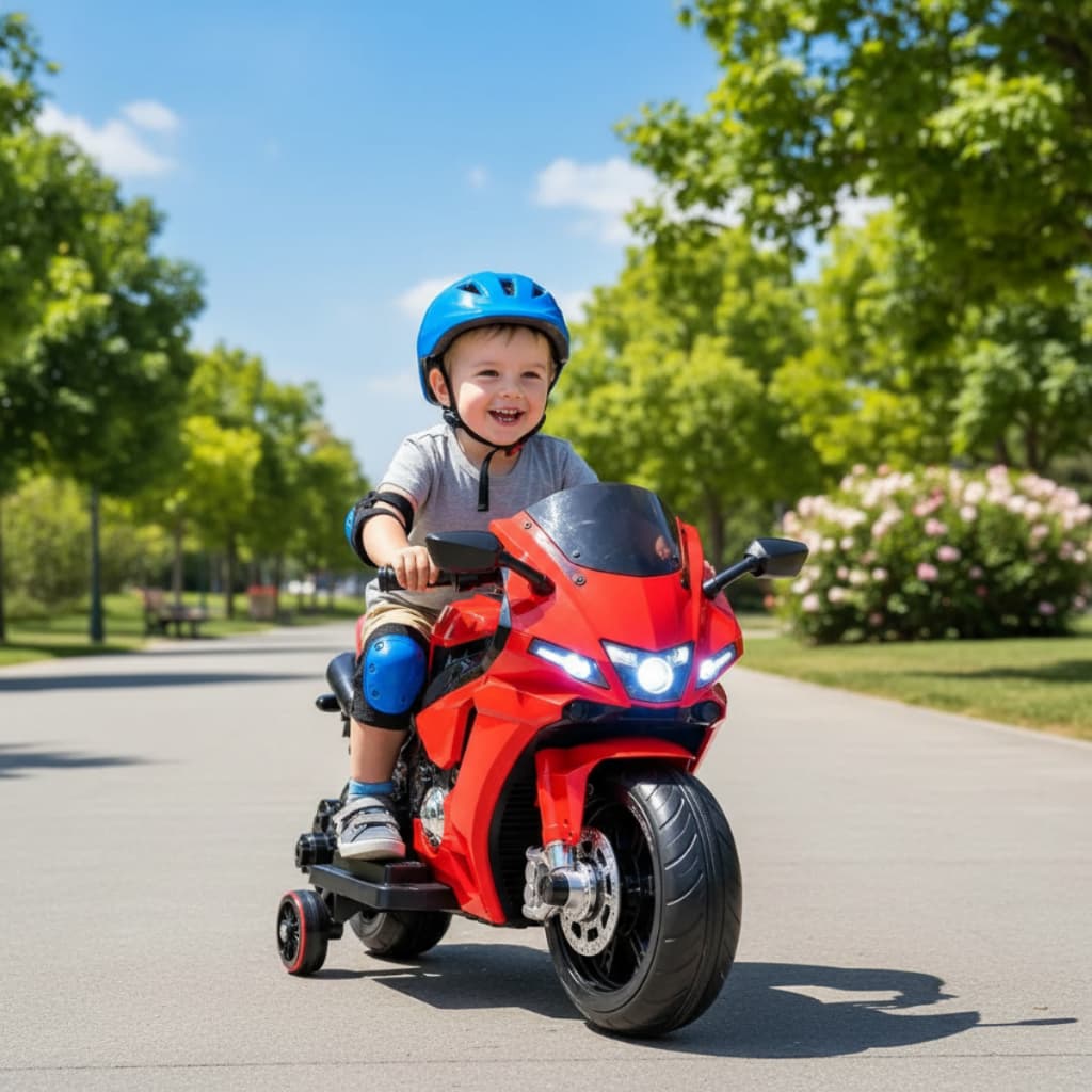 Moto Elétrica Infantil Speed 6V Vermelha ou Azul Recarregável Com Som Luzes LED Rodinhas Laterais Até 30kg