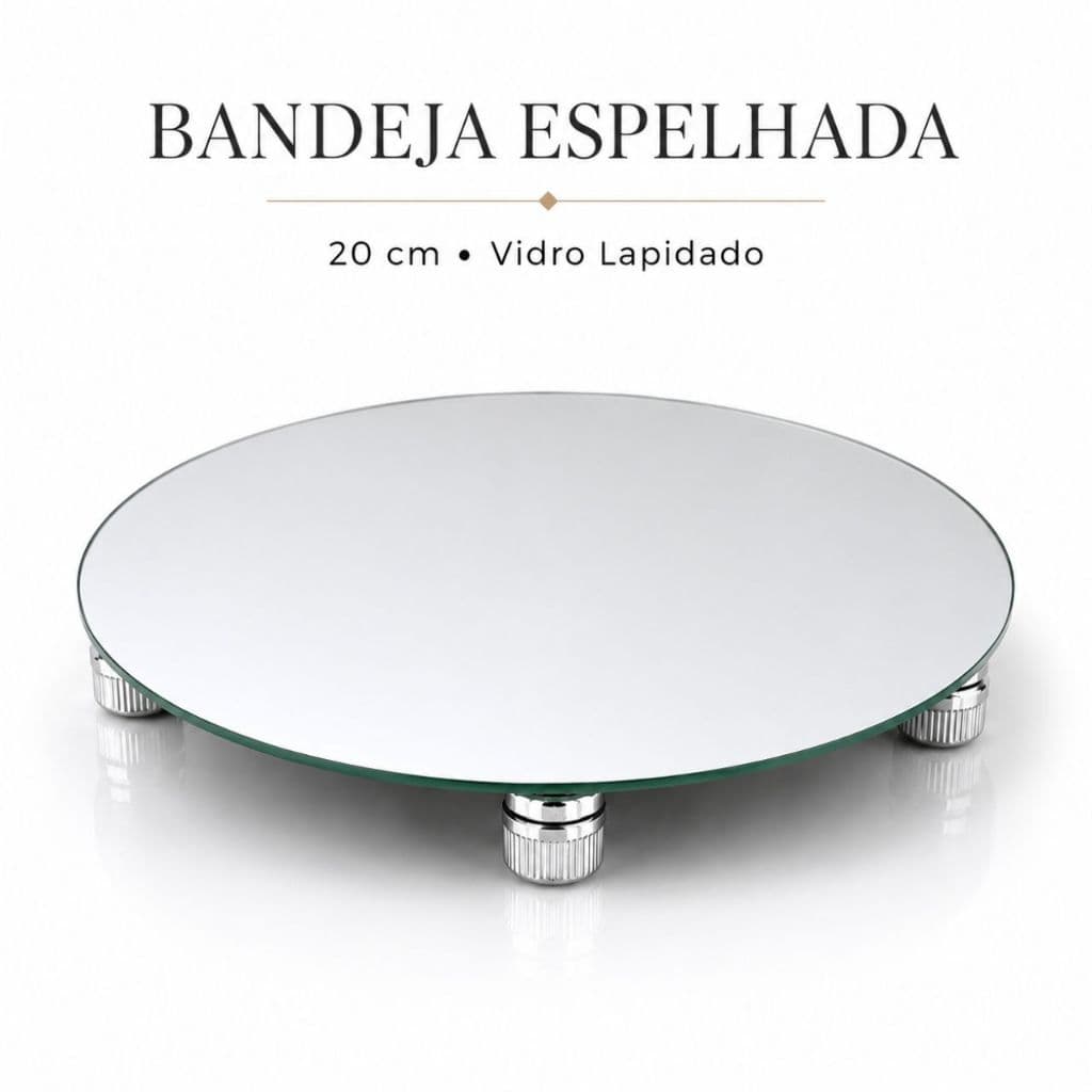 Bandeja Espelhada Redonda 20cm Decorativa com Pé Cromado | Vidro Lapidado 3mm | Porta Perfumes, Doces e Decoração