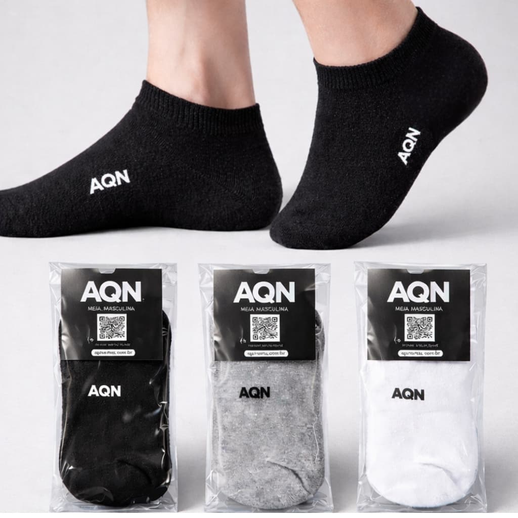 Meia Soquete Masculina Invisível Kit 3 Pares AQN SPORT Conforto Preta Branca Cinza