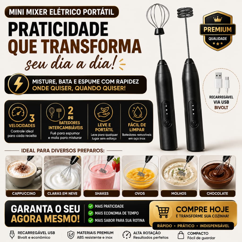 Mini Mixer Elétrico Portátil Recarregável USB Batedor de Café Cappuccino Shake Ovos Premium Preto