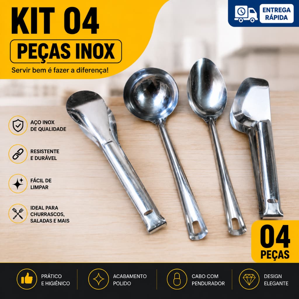 Kit 4 Utensílios de Cozinha Aço Inox Pegador Salada Concha Colher de Arroz Pegador Universal