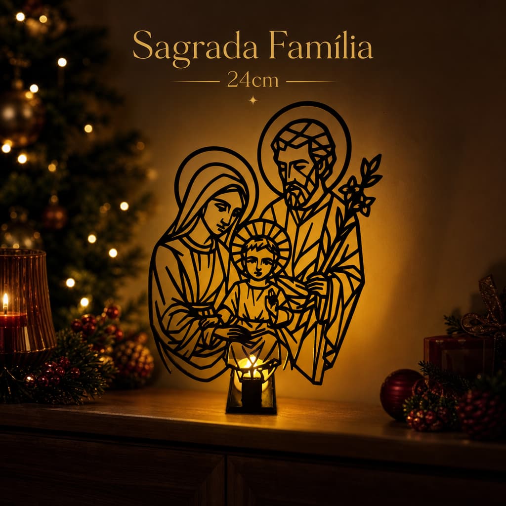 Escultura Sagrada Família 24cm Fine Line Natal Santa Ceia Maria José e Jesus Luminária Vela Eletrônica