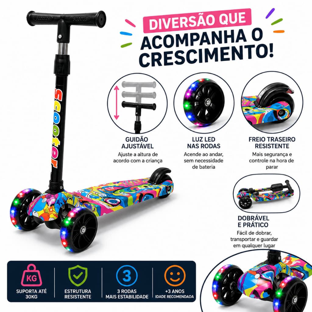 Patinete Infantil 3 Rodas Dobrável Luz Led Guidão Ajustável Diversão ao Ar Livre