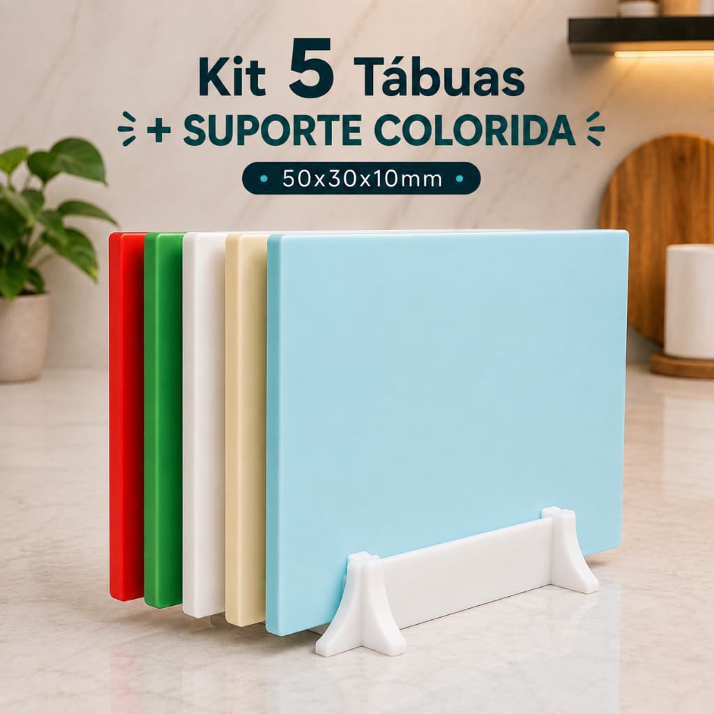 Kit De 5 Tabuas De Corte 50x30 10MM Com Suporte Coloridas Anvisa Carnes Legumes