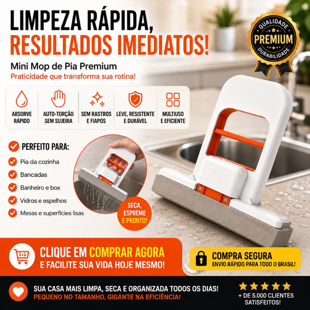 Mini Mop Absorvente Portátil Auto Torção Rodo Esponja Limpeza Pia Bancada Cozinha Banheiro Multiuso