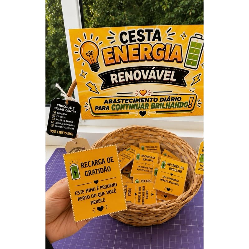 Recadinhos na Cesta para bombom - Energia Renovavel - Tags Motivacionais - Mimo - Lembrancinha