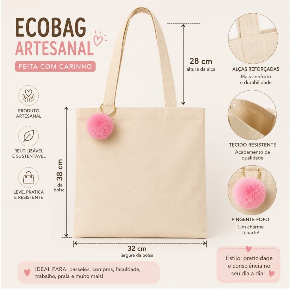 Ecobag Artesanal Estampada em Tecido | Bolsa de Ombro 38x32 cm | Sacola Reutilizável Estilo Kawaii
