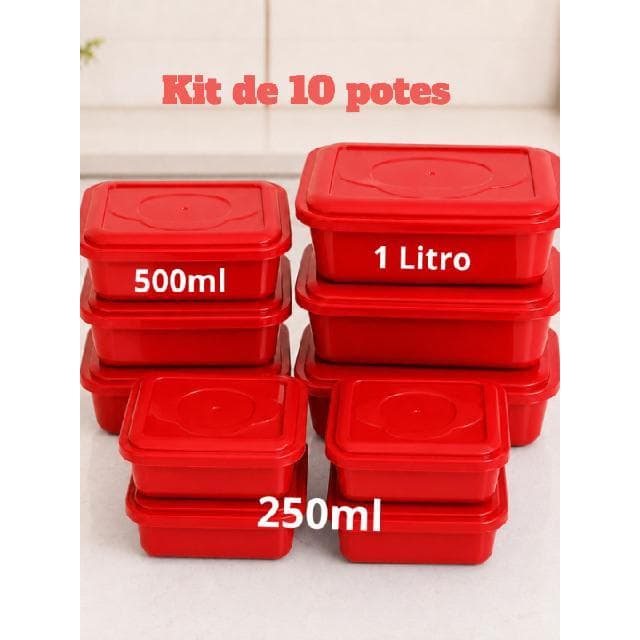 Kit 10 Potes Plásticos com Tampa para Alimentos – 4x250ml + 3x500ml + 3x1L – Organizadores e Marmitas