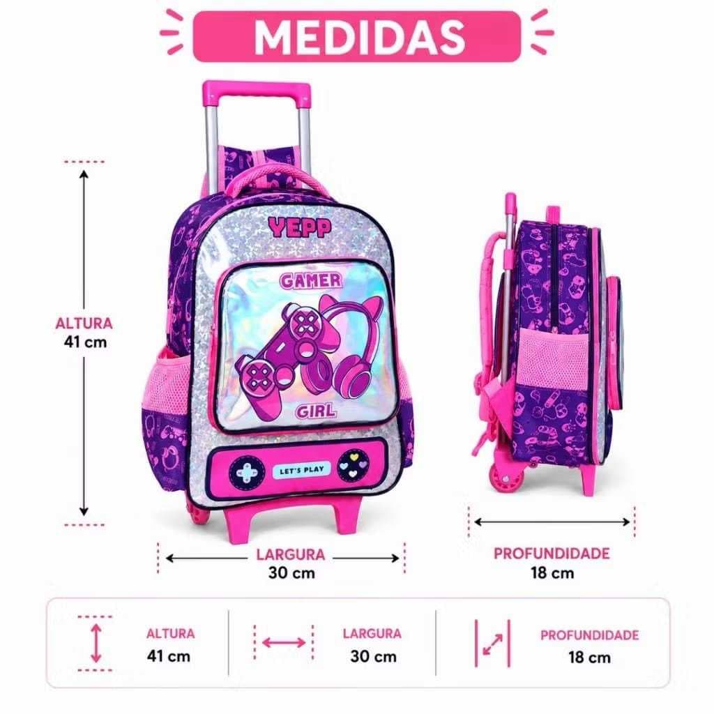 KIT ESCOLA MOCHILA COM RODINHA GAMER GIRL YEPP 5385# MENINAS TAMANHO GRANDE
