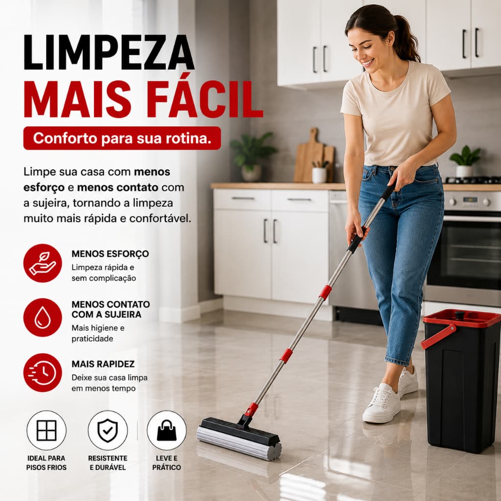 Mop Esponja PVA com Balde Cabo em Aço Inox 125cm Limpeza Prática