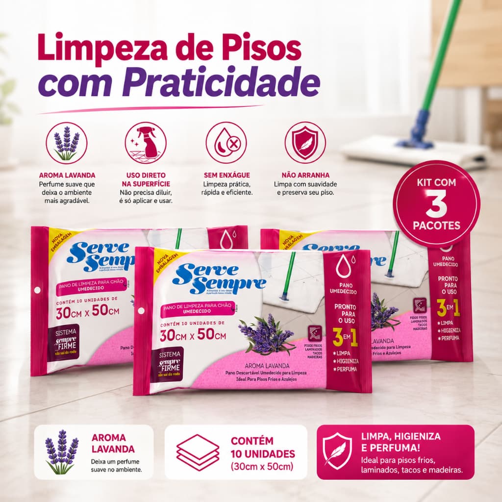Kit 3 Pacotes Toalhas Lenços Umedecidos para Chão - Limpeza Profunda Perfume de Lavanda