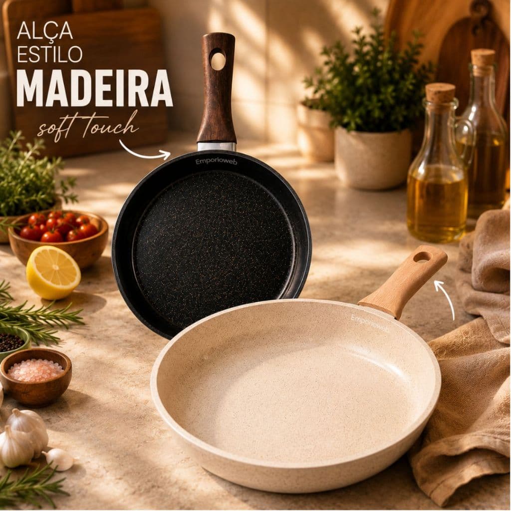 Frigideira Cerâmica Antiaderente Indução e Gás Granito 24cm 26cm Panela Cabo Amadeirado Cooktop
