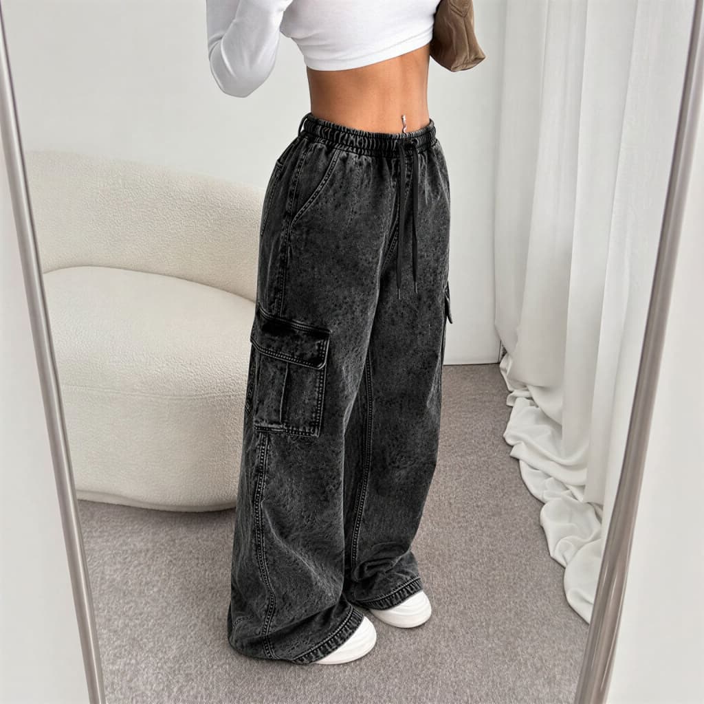 Calça Cargo Feminina Blogueira 6 Bolsos Skate Larga com Cordão Ajustável Cintura Alta Casual Streetwear Moda