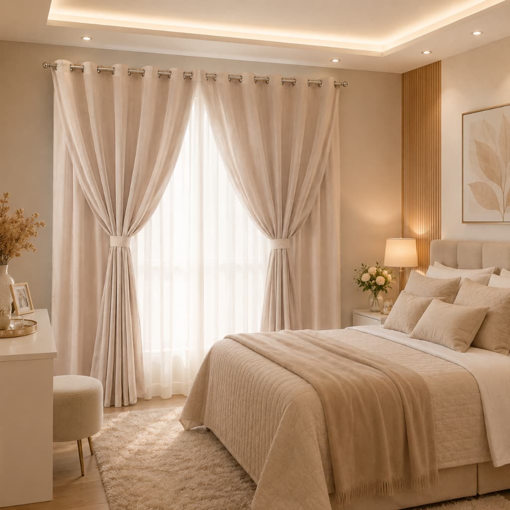 Cortina Sofisticada em Linho Flame Gaze de Linho Com Forro Quarto Sala 4,00x2,50 P/ Varão de Até 3m - Bege