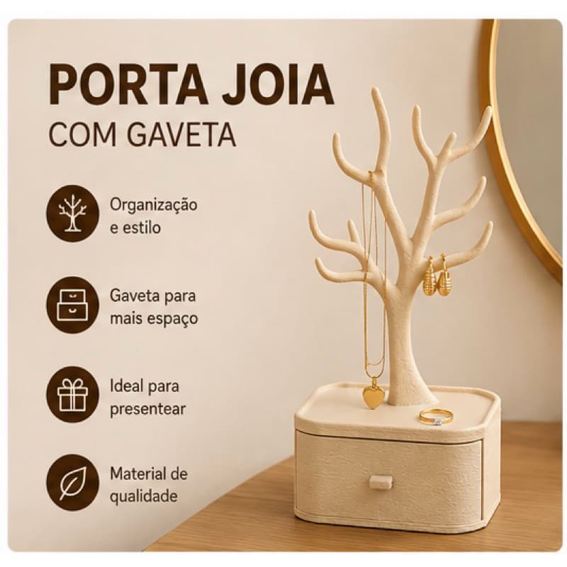 Porta Joias com Gaveta Organizador de Bijuterias Árvore para Colares Anéis Brincos Decorativo Porta Acessórios