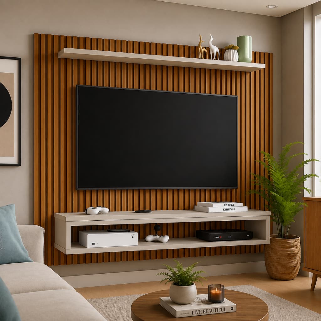QUEIMA DE ESTOQUE! Painel Ripado TV Até 60 Polegadas Prateleira e Nicho Ideal Para Sala Quarto Moderno Simples Elegante