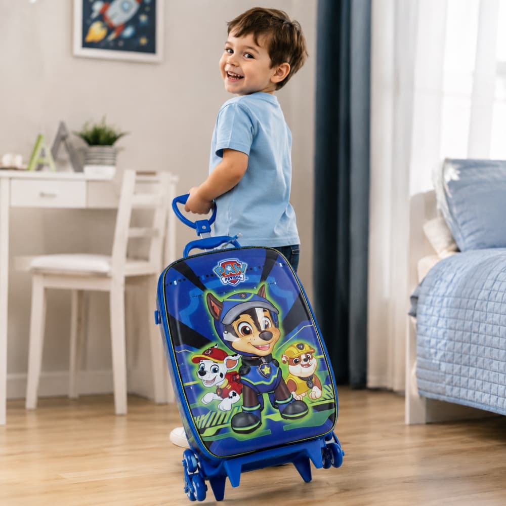 Mala Infantil Patrulha Canina Harry Design 3D Rodinhas Prática Fácil Transporte Azul