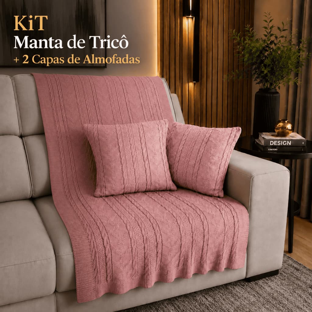 Kit Manta para Sofá em Tricô Premium + 2 Capas de Almofada Decorativas Macias e Resistentes Manta de Tricô