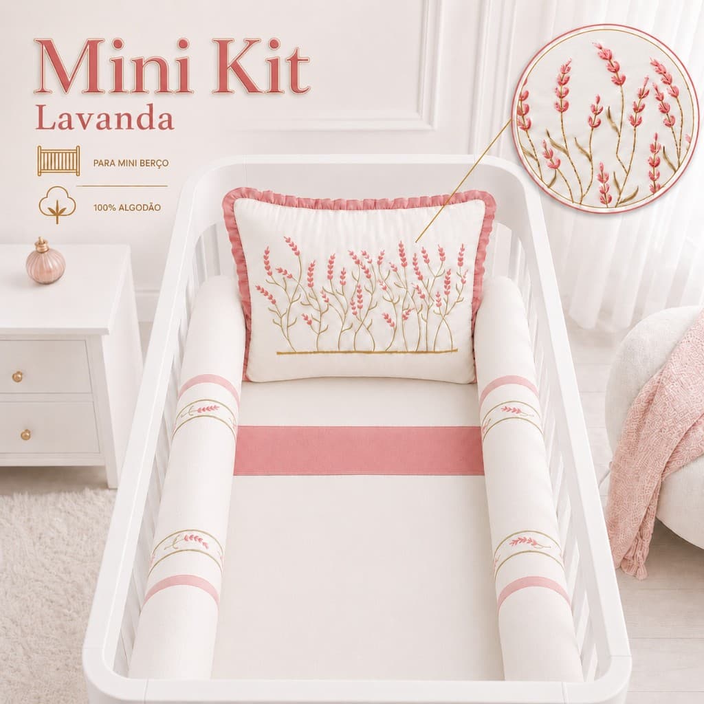Kit Berço MIni Berço Menina Borboleta Lavanda Rosê Algodão Mosquiteiro compatível Mini Berço Portátil