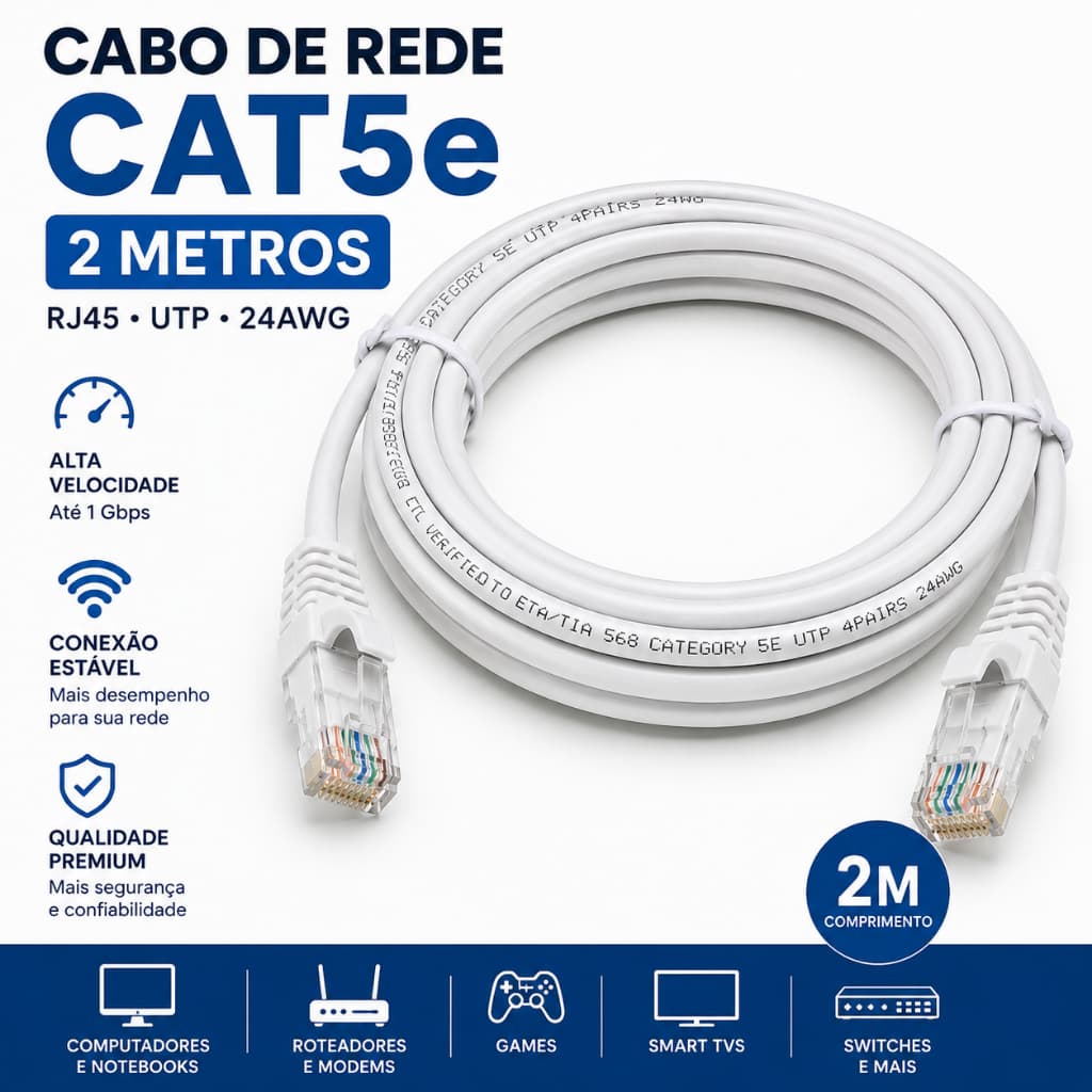 Cabo de Internet RJ45 Cat5e 2 Metros UTP para Computador e Roteador