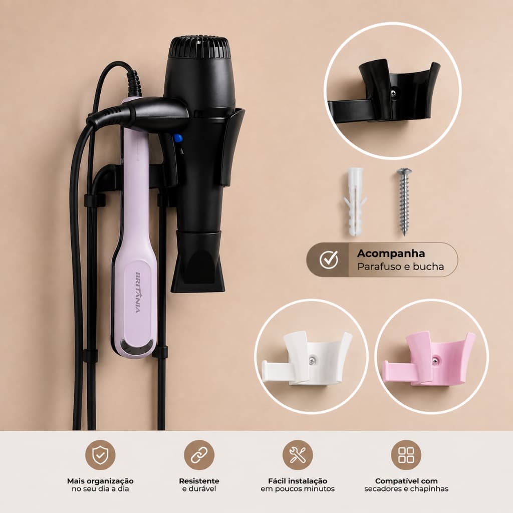 Suporte de Secador De Cabelo Chapinha Parede Universal Com Parafuso Babyliss Rosa Preto e Branco
